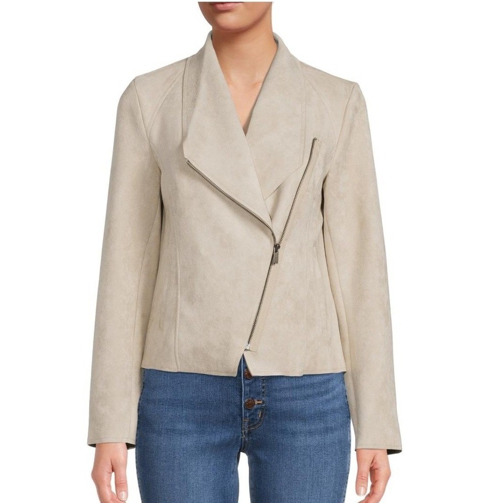 Carmen Marc Valvo Moto Jacket Womens M Beige Faux Suede Asymmetrical Zip Neutral
